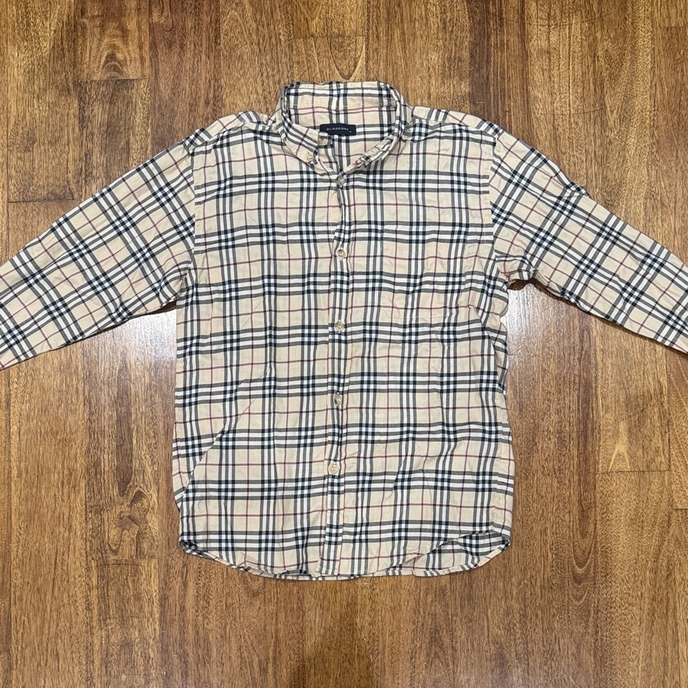 Burberry Beige and Navy Plaid Button Down Shirt
